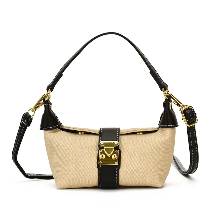 Beige mini hobo bag with black leather trim