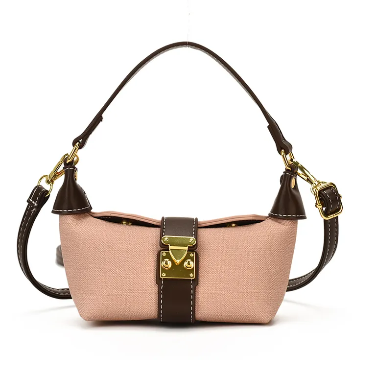 Blush pink mini hobo bag with chocolate brown trim