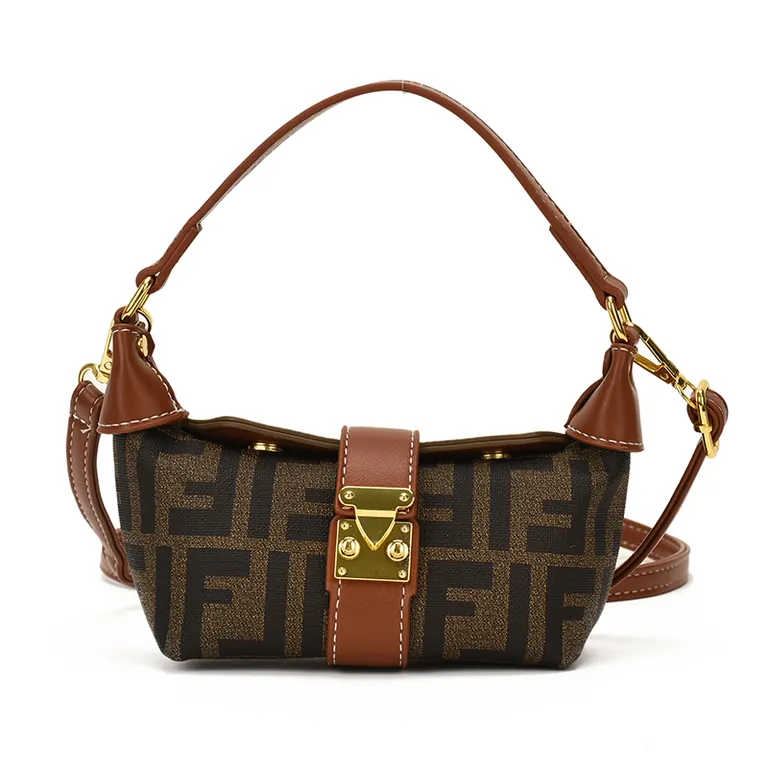 Black and coffee monogram mini hobo bag with leather trim