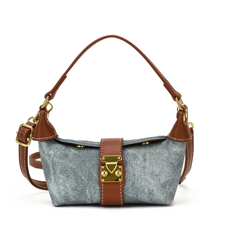Cream fabric mini hobo bag with brown leather saddle trim