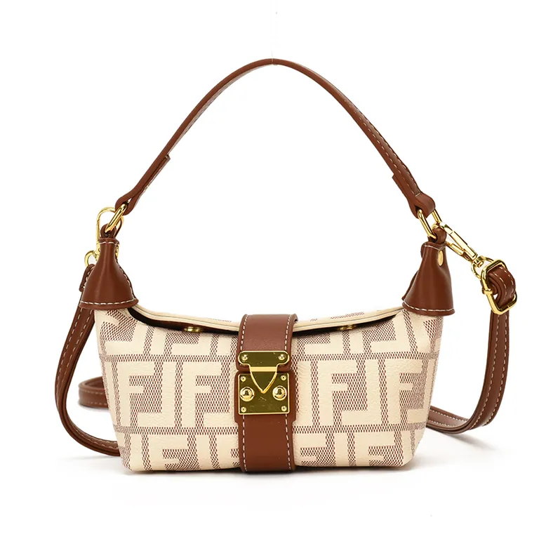 Cream and tan printed canvas mini hobo bag with brown leather trim