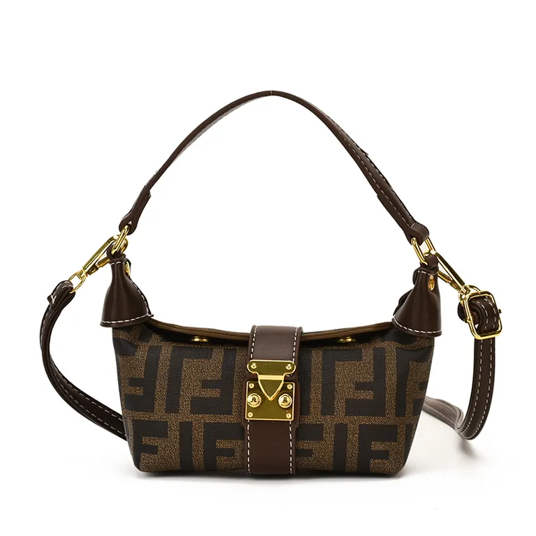 Dark brown monogram print mini hobo bag with leather trim