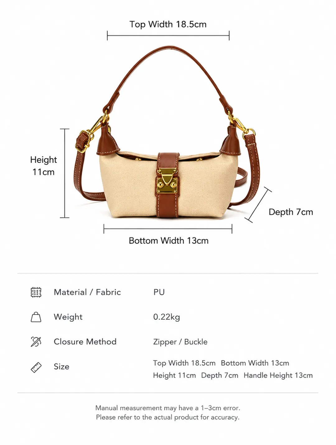 Size chart of the mini hobo bag: 18.5cm top width, 13cm bottom width, 11cm height, 7cm depth, 13cm handle height